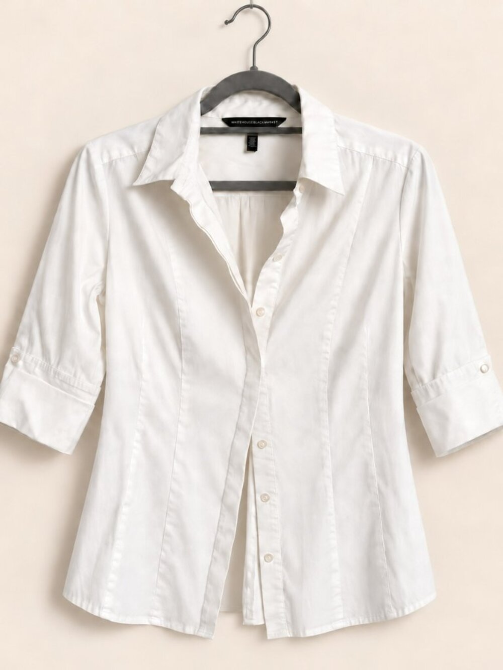White House Black Market White Fitted Roll-Sleeve Button-Up Shirt 14
